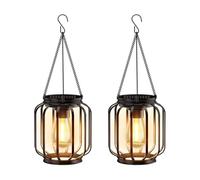 Faroles Solares para Jardín Exterior, Luces Colgantes con Bombilla LED, IP65 Impermeable, Linterna de Cilíndrico de Metal con Gancho, Lámpara Solar Colgante automático para Jardín Patio, 2 piezas