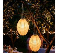 Farolillo solar LED ovalado, 33 x 22 cm, de nailon, juego de 2 unidades, iluminación decorativa para jardín, luz blanca cálida, lámpara solar, lámpara decorativa, luz de fiesta, para exterior