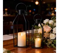 Farolillos para exterior con velas LED, juego de 2 farolillos de jardín de 32 + 40 cm, farolillos decorativos de acero inoxidable, farolillos decorativos para decoración de mesa, boda, Navidad (negro)