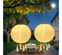 Farolillos solares, 2 farolillos solares de 30 cm, farolillos LED con 4 borlas, farolillos colgantes de nailon para jardines, patios, balcones, decoración de bodas (blanco cálido)