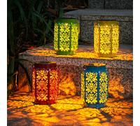 Farolillos Solares OxyLED para Exterior - Pack de 4 Colores (Azul/Amarillo/Rojo/Verde), IP44 Impermeable, Decoración Jardín Estilo Marroquí con Motivo de Rosas - Ideal para Terraza, Valla y Mesa