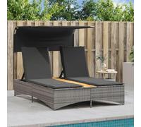 Faroom Tumbona Doble de Ratán para Jardín con Techo Solar, Cama Exterior Jardin, Tumbonas Piscina 2 Plazas, Cama Balinesa, Tumbonas Jardin Exterior, con Mesa de Centro y Almohadón Gris Oscuro