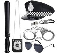 Fartoni Disfraz Policia Niño, Niña, Hombre o Mujer. Disfraz De Policía Hombre O Disfraz De Policia Mujer Con Esposas. Accesorios Policia Disfraz, Gorra, Porra, Placa, Silbato, Gafas. Traje Policia.