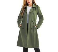 FARVALUE Gabardina impermeable larga con doble botonadura para mujer, abrigo clásico con solapa con cinturón y capucha extraíble, Verde, S