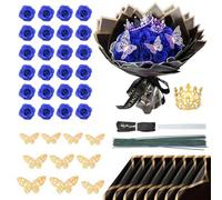 FARYODI Ramo de rosas con purpurina, 24 unidades, ramo de rosas falsas con corona, regalos para bodas, aniversarios, compromisos, cumpleaños, Navidad, San Valentín (azul)