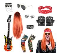 FASBET 12 Piezas Disfraz de Rockera Años 80 Hombre Mujer Carnaval Disfraces Años 80 Punk Disfraz Rockero Hombre Mujer Punky Rock Disfraces Motero Roquero Motera