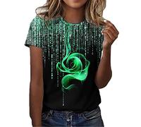 faschingskostüme Damen Damen Kurzarm Lose Rundhals Casual Pullover Rose Print T Shirt Top Elegante Shirts Damen, verde, M