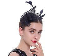 Fascinador de plumas de boda para mujer, sombreros de fiesta de té derby para mujer, boda, cóctel, yute, malla, plumas, tocado, sombreros de iglesia (azul oscuro, 22 x 18 x 5 cm)