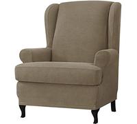 FASCINATDECO Funda de Sillón 2 Piezas, Funda Sillón Orejero Elástica, Fundas de sillón Jacquard con Orejas, Funda para Sillón de Orejas 1 Plaza con Funda de Cojín Separada (Sand)