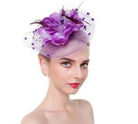 fascinator, Diadema de plumas malla con flores for mujer, for boda, iglesia, cóctel, fiesta té, sombrero(Purple)