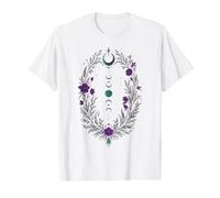Fases Lunares Corona Botánica con Flores Violetas y Hojas Camiseta gráfica económica, Hombre, Blanco, S