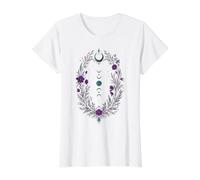 Fases Lunares Corona Botánica con Flores Violetas y Hojas Camiseta gráfica económica, Mujer, Blanco, XS