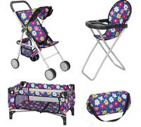 Fash n olor - Juego de 3 piezas para muñecas de bebé, diseño de flores, incluye - Pack N Play plegable, cochecito de bebé, silla alta para muñecas de hasta 18 pulgadas, juego de accesorios de muñeca