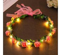 Fashband Diademas de corona de flores con luces LED, corona de pelo floral, corona de festival, tocado de fiesta de Halloween para mujer (rosa)
