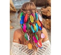 Fashband Indian Feather Headband Boho Rainbow Tassel Hippie Headdress Tribal Headpiece Beads Festival Party Headwear Accesorios para el cabello para mujeres y niñas(A)