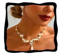 Fashband Juego de joyería de boda con perlas doradas y diamantes de imitación, collar y aretes, joyería de disfraz para mujeres y novias, talla única, Perla sintética, No es una piedra preciosa
