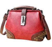 Fasheepfa Bolso de médico vintage con cierre de remaches, bolso cruzado de piel sintética para mujer, Red, Measuring 7.87 inches in height, 9.84 inches in width