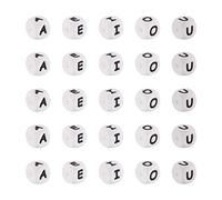 FASHEWELRY 50 cuentas de silicona con letras cúbicas blancas de 12 x 12 mm, letras A, E, I, O, U, vocal, para hacer pulseras, collares, cadenas, agujeros de 2 mm
