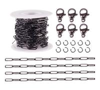 FASHEWELRY Cadenas de Clip de Papel de Acero Inoxidable Negro de 5 m, Eslabones Ovalados Soldados con Anillas de Salto, Cierres de Garra de Langosta para Pulsera, Collar, Tobillera de Bricolaje, Kit
