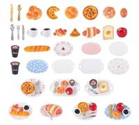 FASHEWELRY Juego de 7 adornos de resina en miniatura para desayuno, 7 estilos, casa de muñecas, platos de desayuno pequeños con pan, café, pizza, huevo, manzana, mini accesorios de cocina para