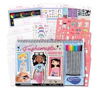 Fashion Angels Portfolio de dibujo Fashionista Basic Fun 40 hojas de moda, 4 plantillas, más de 100 pegatinas y 10 rotuladores - Set creativo para niñas 6+