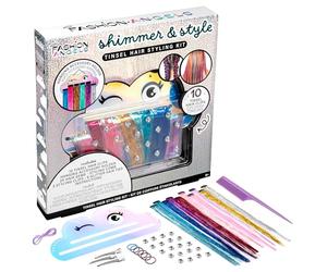 Fashion Angels Shimmer & Style Tinsel Hair Styling Kit - Kit de extensiones de cabello, gemas y bandas de brillo con accesorios - Set creativo de estilo para niñas preadolescentes y adolescentes