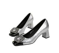 Fashion Banquet Thick Heel Women's Shoes Color-Blocked Square Toe Light Mouth Sparkling High Heels Single(5299-K83 Silver,38)