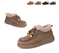 Fashion Beaded Lace Up Comfort Round Toe Warm Cotton Shoes Women's Suede Platform Loafers with Fur Lined Anti-Slip Soft Sole Daily Work Walking Shoes (Khaki,39)