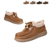 Fashion Beaded Lace Up Comfort Round Toe Warm Cotton Shoes Women's Suede Platform Loafers with Fur Lined Anti-Slip Soft Sole Daily Work Walking Shoes (Brown,38)