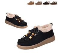 Fashion Beaded Lace Up Comfort Round Toe Warm Cotton Shoes Women's Suede Platform Loafers with Fur Lined Anti-Slip Soft Sole Daily Work Walking Shoes (Black,36)