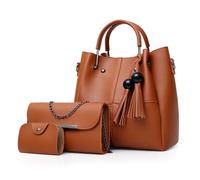 Fashion Bucket Tote Bag 3 Pcs Set, Handbag Shoulder Bag Waterproof With Crossbody Bag And Card Holder for Daily Work Travel (Brown)