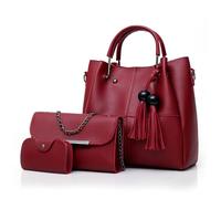 Fashion Bucket Tote Bag 3 Pcs Set, Handbag Shoulder Bag Waterproof With Crossbody Bag And Card Holder for Daily Work Travel (Red)