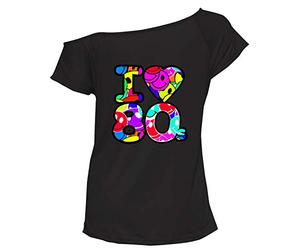 FASHION FAIRIES Camiseta para mujer con texto en inglés "I Love The 80s" con hombros descubiertos, cuello sesgado, retro, manga casquillo, vintage, festival, fiesta, disfraz clásico, tallas 36-56