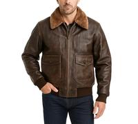 Fashion_First Chaqueta Bomber de Piloto de Cuero de Piel de Oveja Negra para Hombre - Chaqueta para Hombre Negra con Cuello de Piel Sintética, Marrón envejecido., XXL