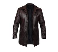 Fashion_First Gabardina de piel auténtica de longitud media 3/4 para hombre, chaqueta larga de cuero vintage para coche, disfraz de cosplay, Marrón envejecido., 4XL