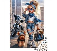Fashion Girl City Street Puzzle de 1000 Piezas Papel para Adultos Escena de Perro Puzzle para Toda la Familia Decoración 70x50cm/1000pcs