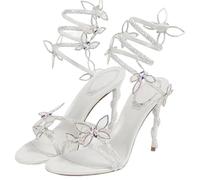 Fashion Glitter Golden Crystal Butterfly-Knot Ankle Strap Woman Sandals Open Toe Stiletto High Heels Banquet Party Shoes(Grey,40)