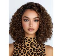 FASHION IDOL Peluca de pelo humano Bob rizado corto precortado precortado sin pegamento Wear and Go Encaje peluca 200% densidad actualizada secreto invisible sin pegamento pelucas de cabello humano