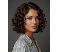 FASHION IDOL Pelucas Bob de pelo humano rizado corto para las mujeres que usan y van Deep Wave encaje frente peluca C parte 12" peluca pre desplumado con cabello de bebé marrón densidad 180%
