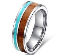 Fashion Month Hombre Mujer 8 mm Anillo de Tungsteno Vintage Boda Compromiso Banda con 100% Madera de Koa sólido Turquesa con Parte Superior Plana