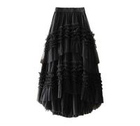 Fashion Princess Lace Ruffles Mesh Skirt Sweet Ladies Midi Ball Gown Tulle Spring Summer Women Asymmetrial Long(Black)