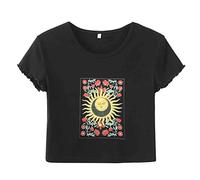 Fashion Sleeve Damen Top T-Shirt Runder Druck Hals Mond ombligo Sonne kurze Damenbluse Damen Pullover Dunkelbraun, Negro , XL