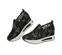 Fashion Sneakers for Women 2026 Breathable Slip On Wedges Walking Shoes Floral Embroidery Breathable Sheer Wedge Sneakers Dressy Casual Walking Shoes with Arch Support (Black,42.5)