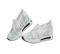 Fashion Sneakers for Women 2026 Breathable Slip On Wedges Walking Shoes Floral Embroidery Breathable Sheer Wedge Sneakers Dressy Casual Walking Shoes with Arch Support (Green,37)