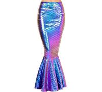 Fashion Sports Dude Falda de sirena brillante con efecto holográfico metálico para mujer, disfraz de sirena con cinturón de perlas (Purple, Small)