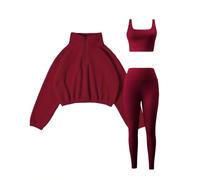 Fashion Sports Dude Womens Solid Color Elastic Yoga Pants with Fleece Half Zip Hoodie Set Running and Fitness Sportswear 3Pcs Outfit (FR/ES, Letras, L, Regular, Regular, Wine)