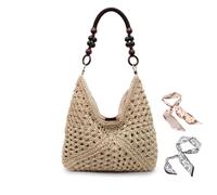 Fashion Woven Hand-Held Tote Bag, 2025 summer new contrast color shoulder bag casual underarm bag, Bohemia Fashion Summer Beach Shoulder Handbag For Women (Beige)