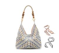 Fashion Woven Hand-Held Tote Bag, 2025 summer new contrast color shoulder bag casual underarm bag, Bohemia Fashion Summer Beach Shoulder Handbag For Women (Blue)