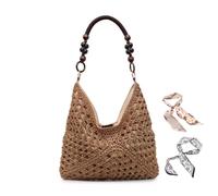 Fashion Woven Hand-Held Tote Bag, 2025 summer new contrast color shoulder bag casual underarm bag, Bohemia Fashion Summer Beach Shoulder Handbag For Women (Khaki)