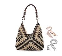 Fashion Woven Hand-Held Tote Bag, 2025 summer new contrast color shoulder bag casual underarm bag, Bohemia Fashion Summer Beach Shoulder Handbag For Women (Black)